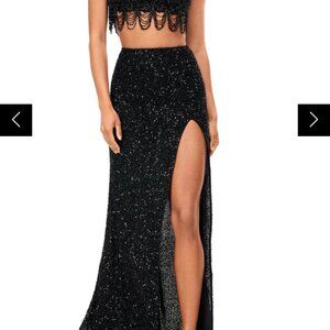 Black Fringe Beaded Two Piece Ashley Lauren 11282 Formal Dress